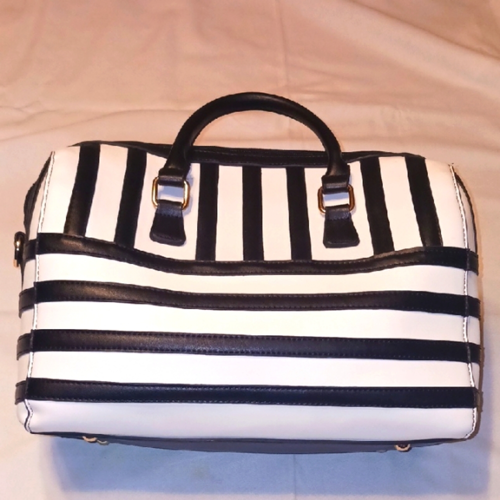 Midnight Velvet Black and White Satchel with Striped Design
